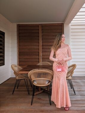 Charo Ruiz Peach Long-Sleeve Chevron Maxi Dress